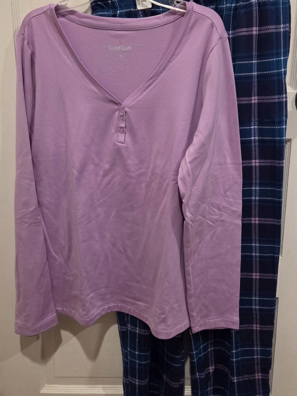 Cuddl Duds Soft Lavender Pajama Top With Blue Plaid Bottom